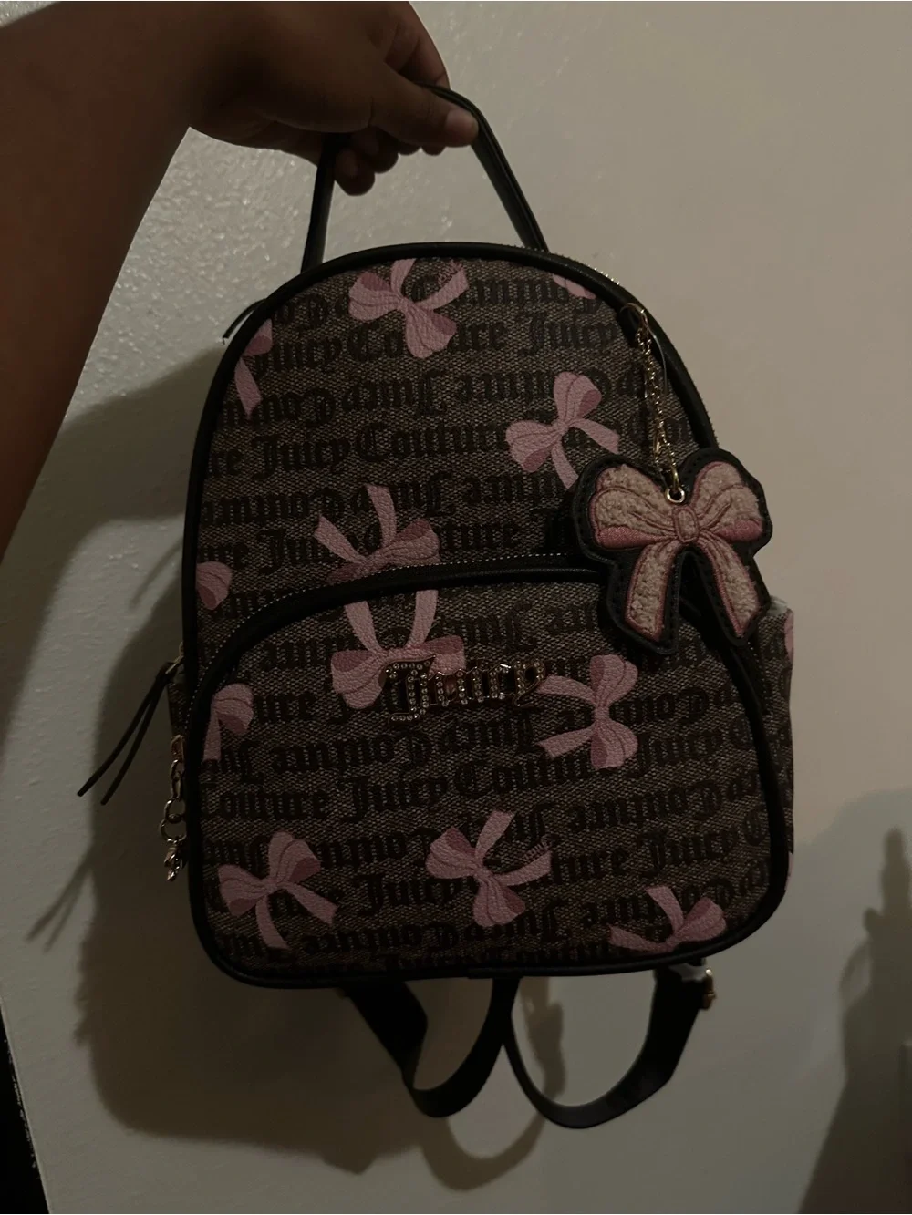 Juicy Couture Brown Logo Mini Backpack with Pink Bow Accents